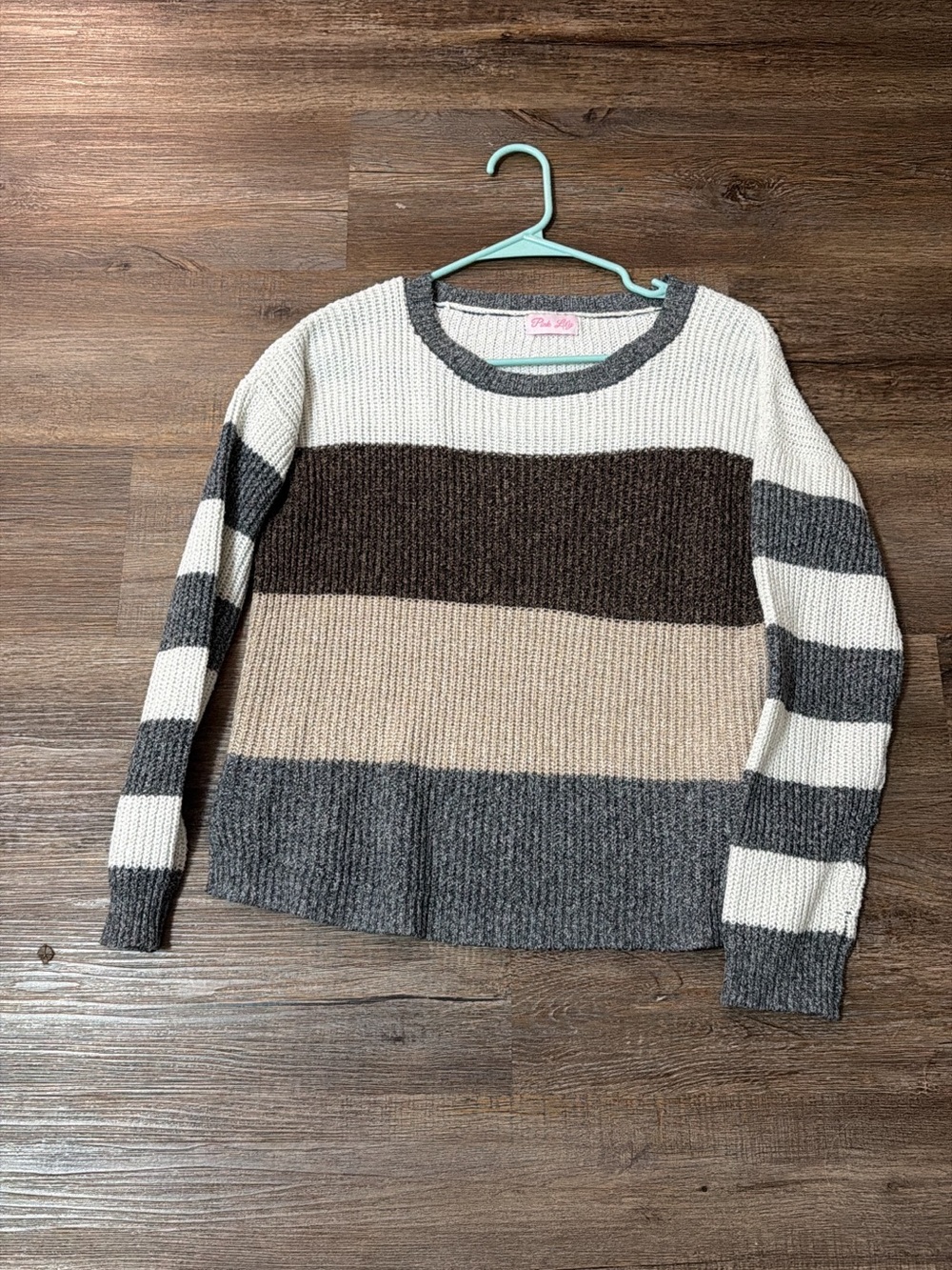 Pink Lily Striped Crewneck Sweater in Cream, Gray & Brown